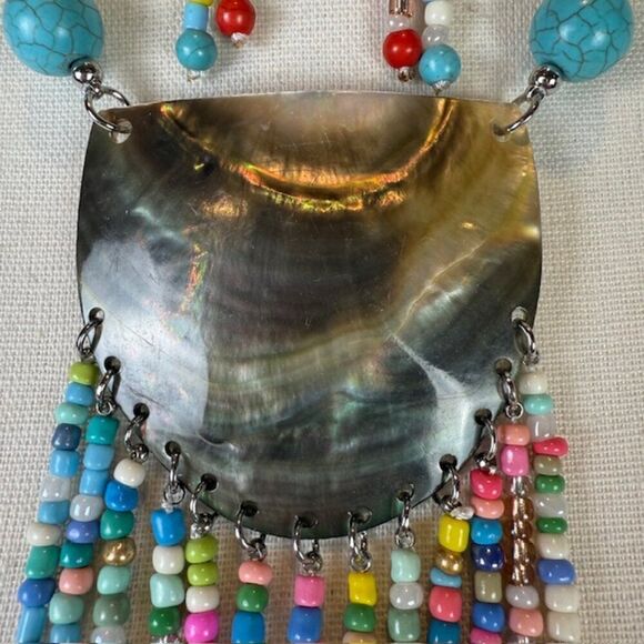 NWT Multicolor Mother of Pearl See Bead Tassel Statement Necklace and Earrings - Picture 2 of 10